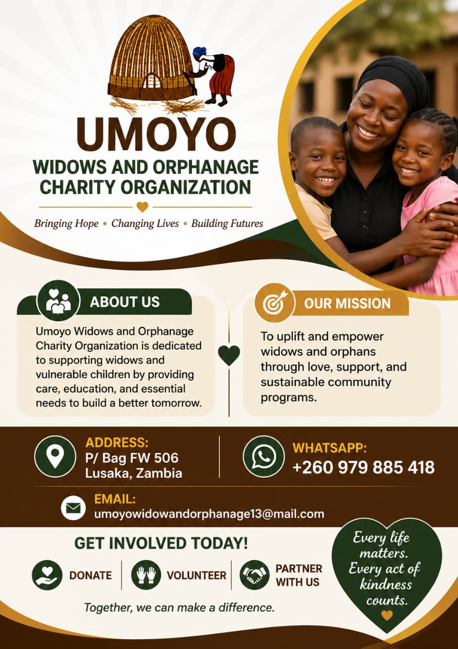 Umoyo charity poster showing the organization logo, mission, and a mother with children